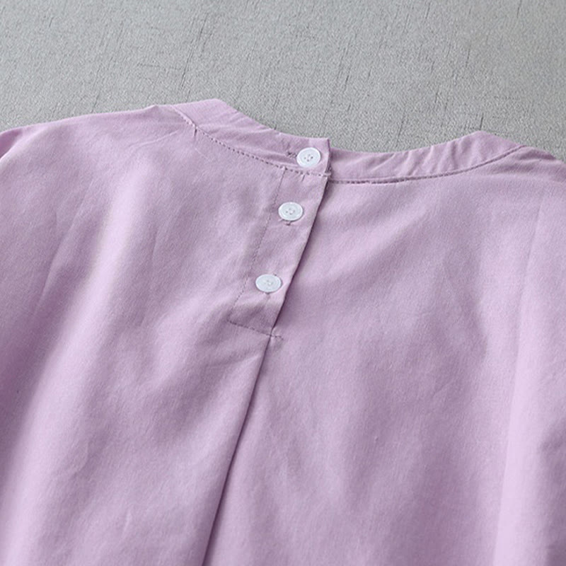 Nimara Ritual Casual Pure Color Back Buttons Design Crew Neck Short Sleeve Cotton Linen Midi Dress With Pockets