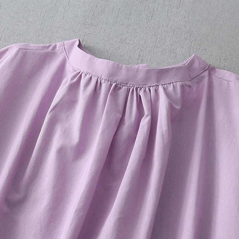 Nimara Ritual Casual Pure Color Back Buttons Design Crew Neck Short Sleeve Cotton Linen Midi Dress With Pockets