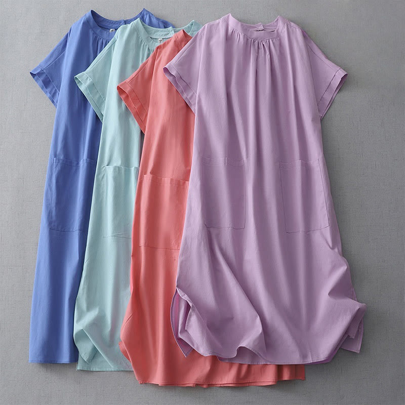 Nimara Ritual Casual Pure Color Back Buttons Design Crew Neck Short Sleeve Cotton Linen Midi Dress With Pockets
