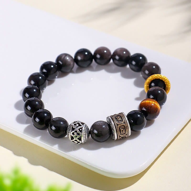Nimara Ritual Silver Sheen Obsidian Tiger Eye Om Mani Padme Hum Protection Bracelet