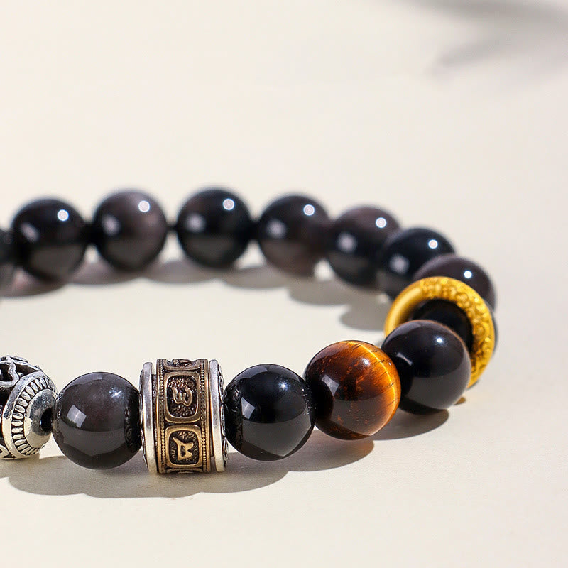 Nimara Ritual Silver Sheen Obsidian Tiger Eye Om Mani Padme Hum Protection Bracelet