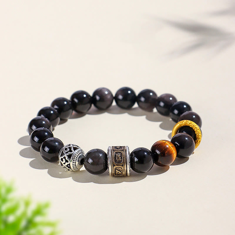 Nimara Ritual Silver Sheen Obsidian Tiger Eye Om Mani Padme Hum Protection Bracelet