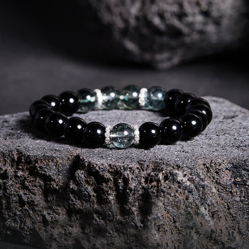 Nimara Ritual 925 Sterling Silver Black Obsidian Green Phantom Strength Bracelet
