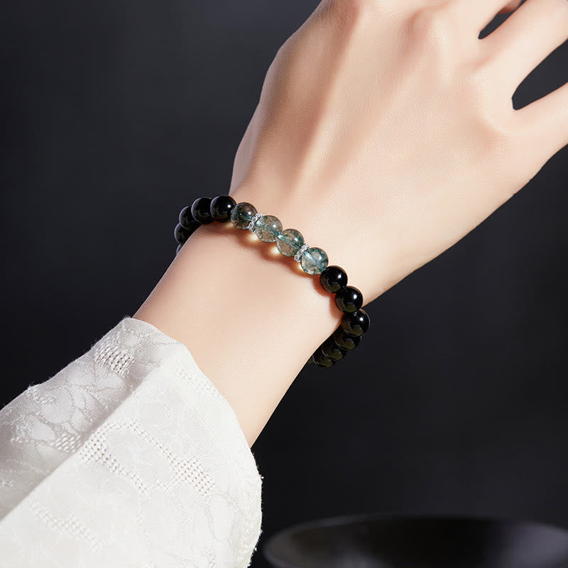 Nimara Ritual 925 Sterling Silver Black Obsidian Green Phantom Strength Bracelet