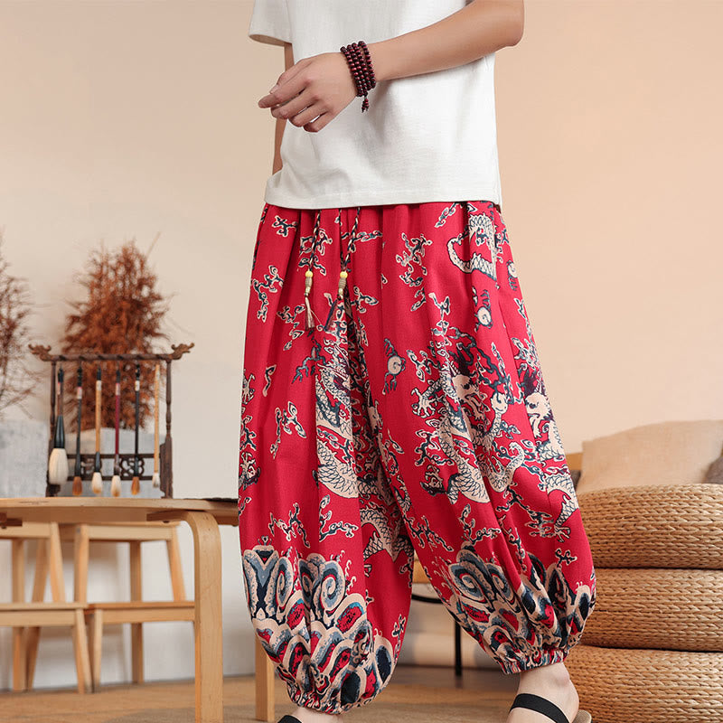 Nimara Ritual Dragon Print Cotton Men's Harem Ankle-Length Pants With Pockets
