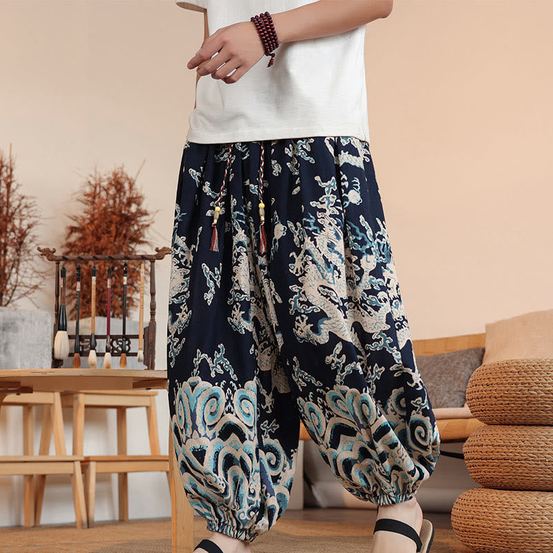 Nimara Ritual Dragon Print Cotton Men's Harem Ankle-Length Pants With Pockets