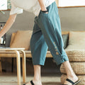Nimara Ritual Crane Embroidery Cotton Men's Cropped Harem Pants With Pockets