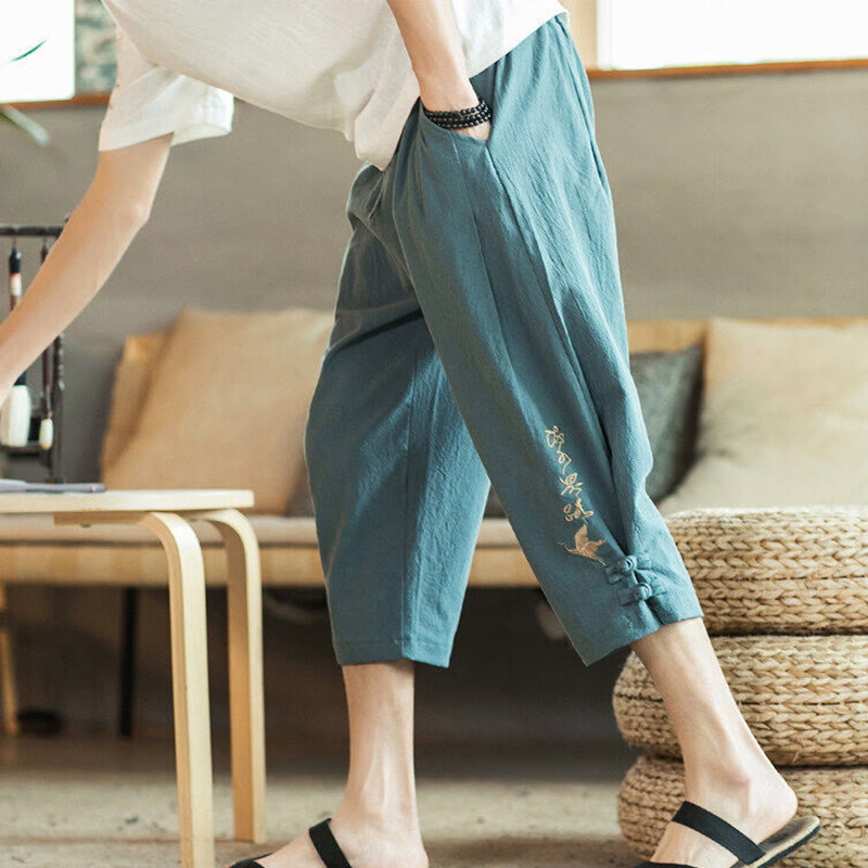 Nimara Ritual Crane Embroidery Cotton Men's Cropped Harem Pants With Pockets