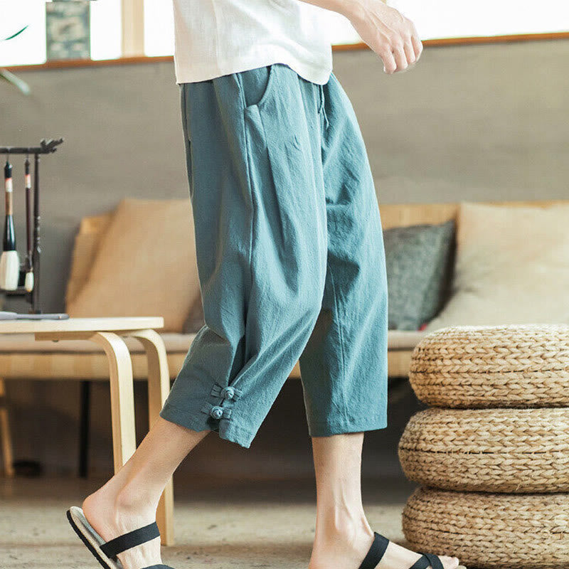 Nimara Ritual Crane Embroidery Cotton Men's Cropped Harem Pants With Pockets