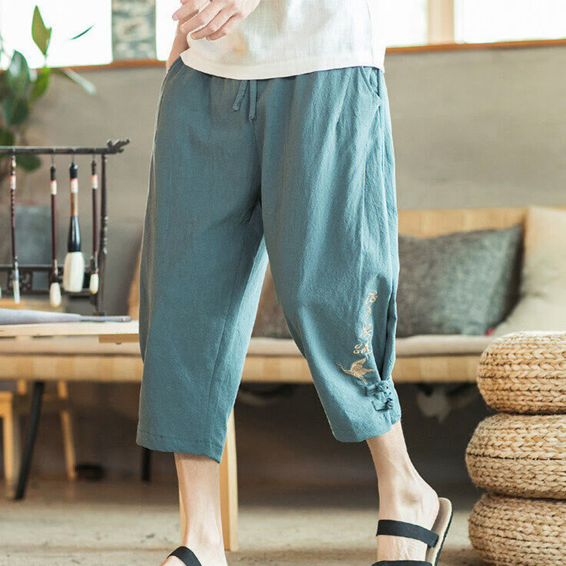 Nimara Ritual Crane Embroidery Cotton Men's Cropped Harem Pants With Pockets