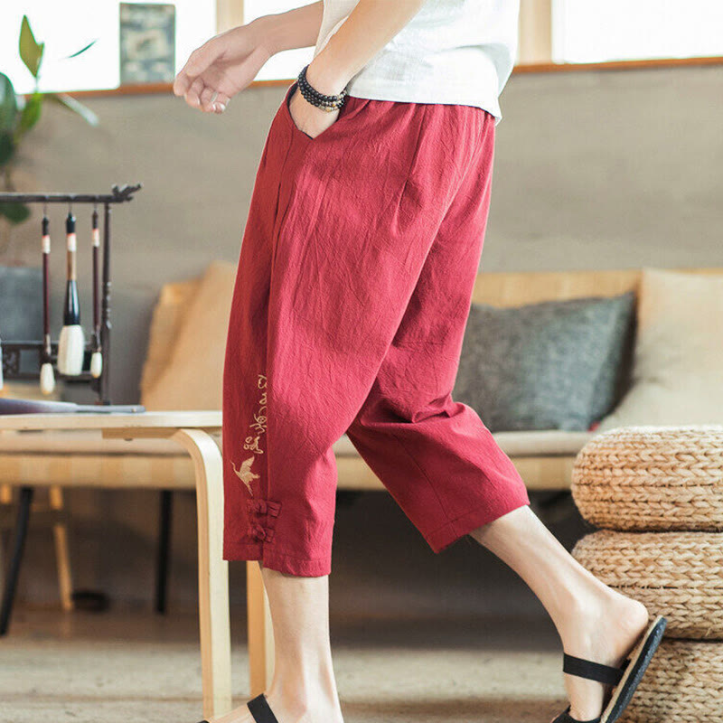 Nimara Ritual Crane Embroidery Cotton Men's Cropped Harem Pants With Pockets