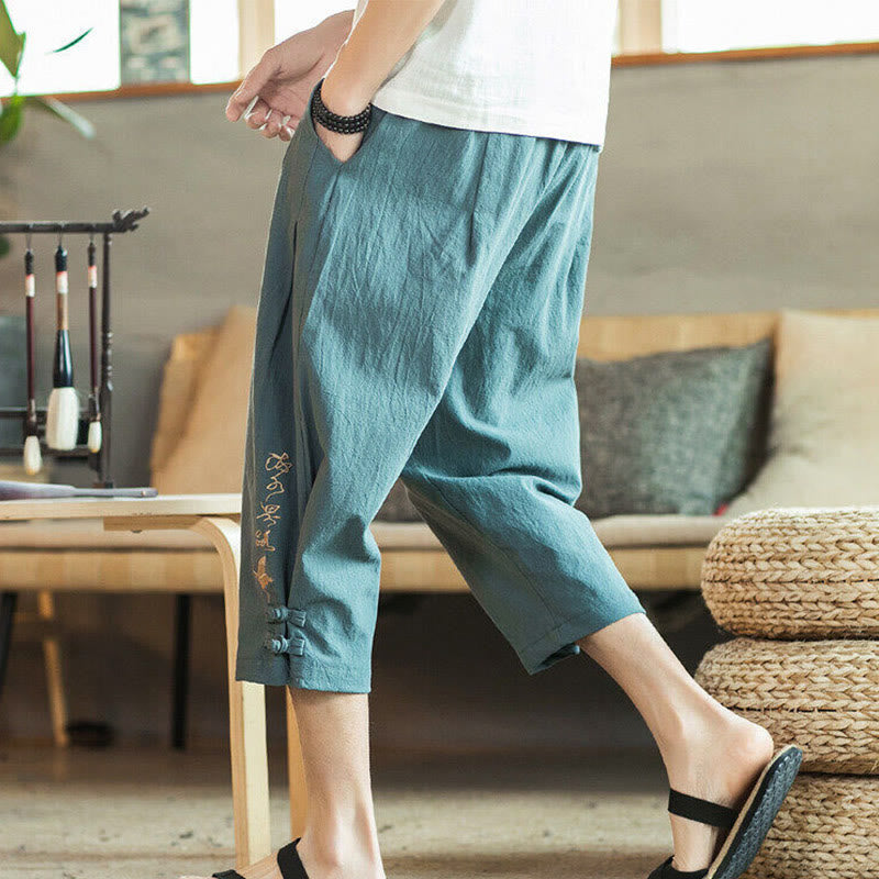 Nimara Ritual Crane Embroidery Cotton Men's Cropped Harem Pants With Pockets