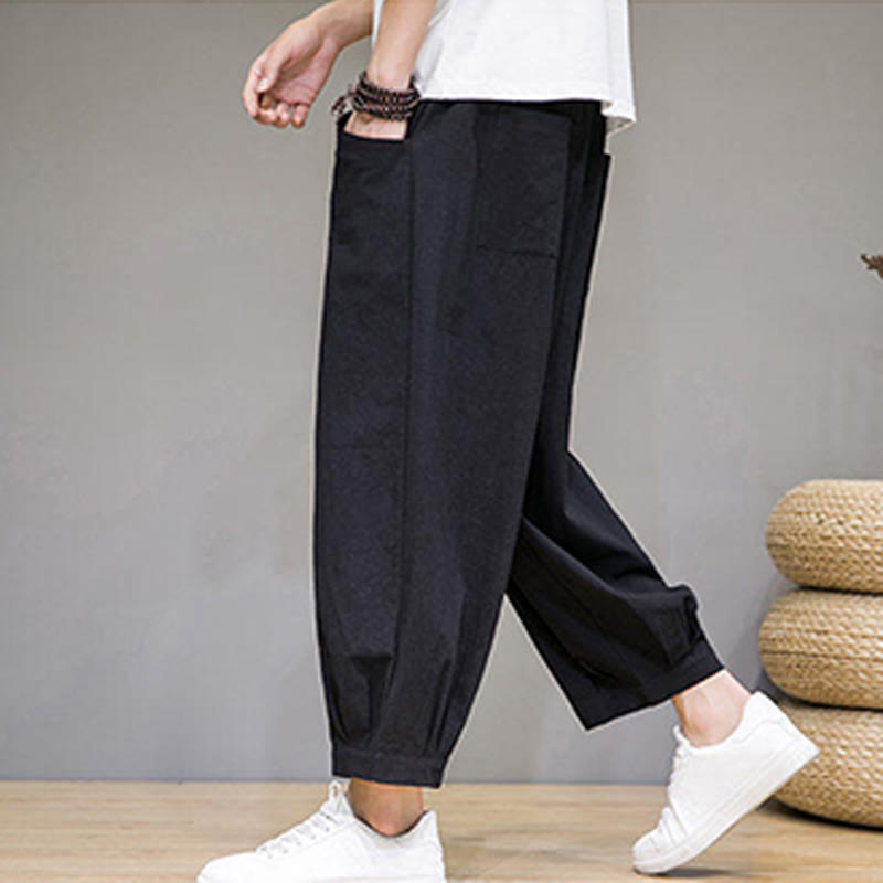 Nimara Ritual Simple Cotton Men's Cropped Capri Harem Pants With Pockets