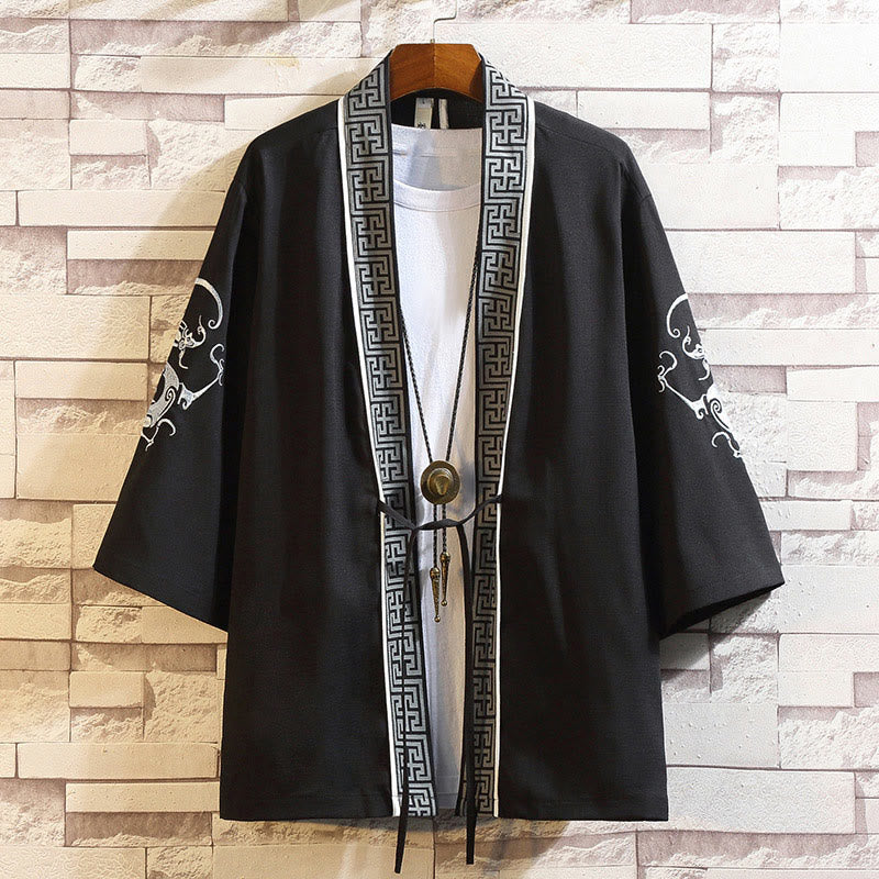 Nimara Ritual Embroidery Dragon Phoenix Auspicious Cloud Waves Leaves Cranes Open Front Jacket Men's Kimono