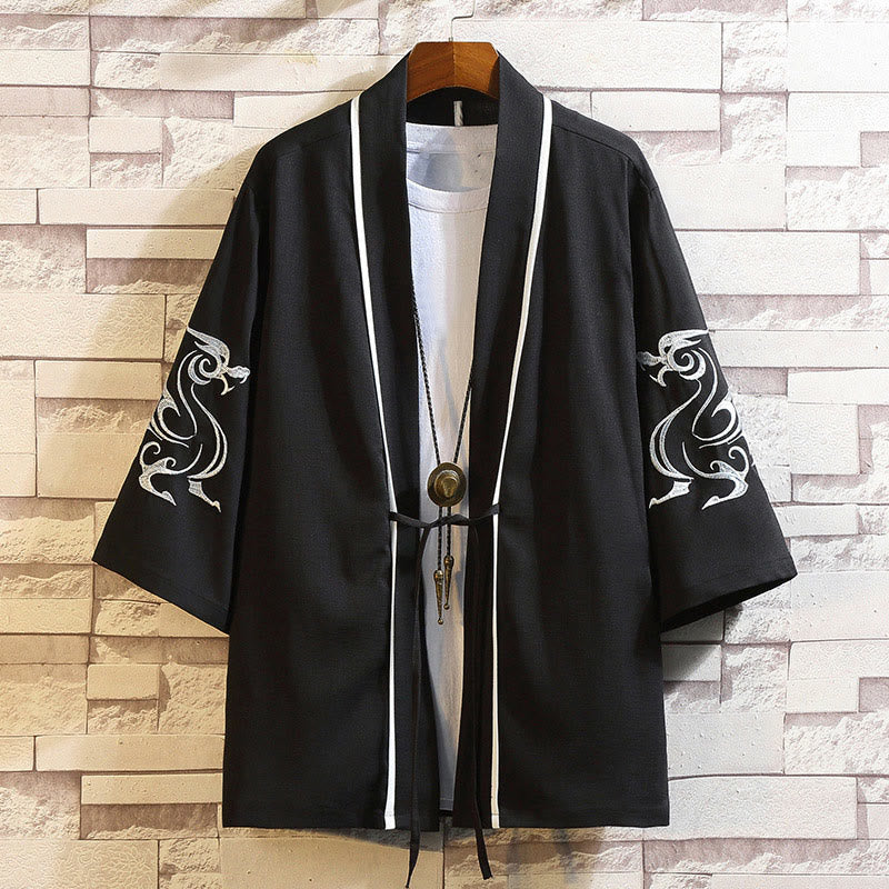 Nimara Ritual Embroidery Dragon Phoenix Auspicious Cloud Waves Leaves Cranes Open Front Jacket Men's Kimono