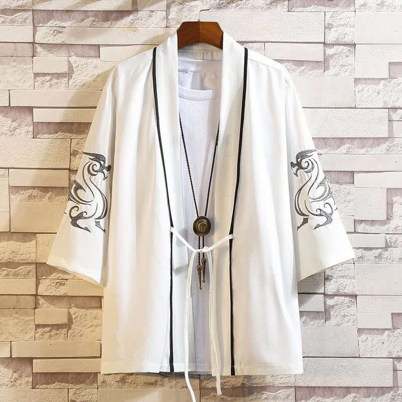 Nimara Ritual Embroidery Dragon Phoenix Auspicious Cloud Waves Leaves Cranes Open Front Jacket Men's Kimono
