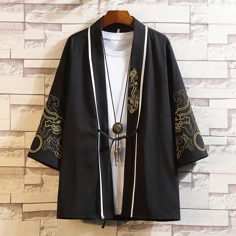Nimara Ritual Embroidery Dragon Phoenix Auspicious Cloud Waves Leaves Cranes Open Front Jacket Men's Kimono