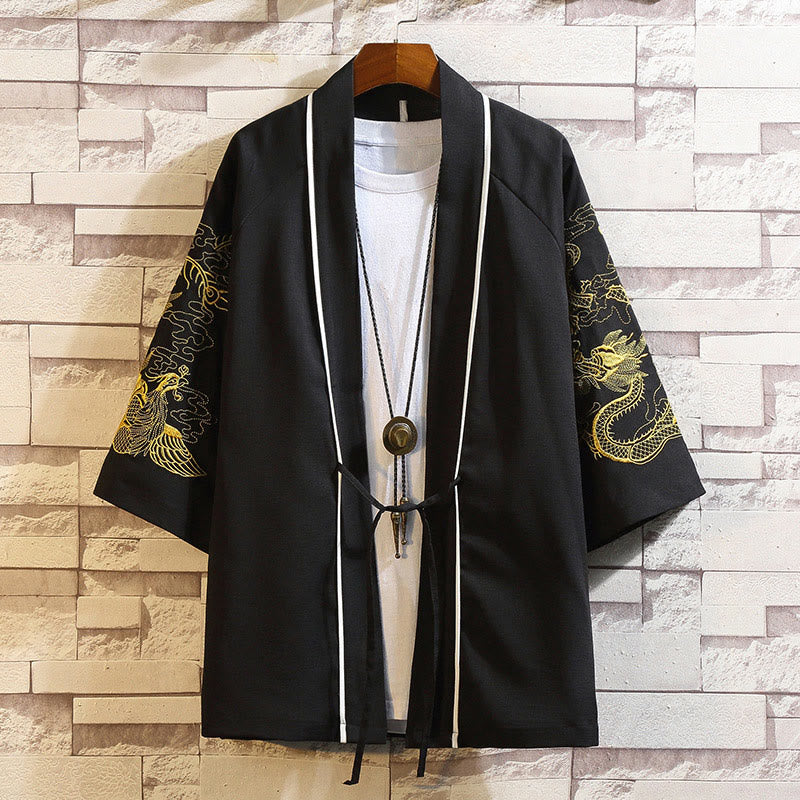 Nimara Ritual Embroidery Dragon Phoenix Auspicious Cloud Waves Leaves Cranes Open Front Jacket Men's Kimono