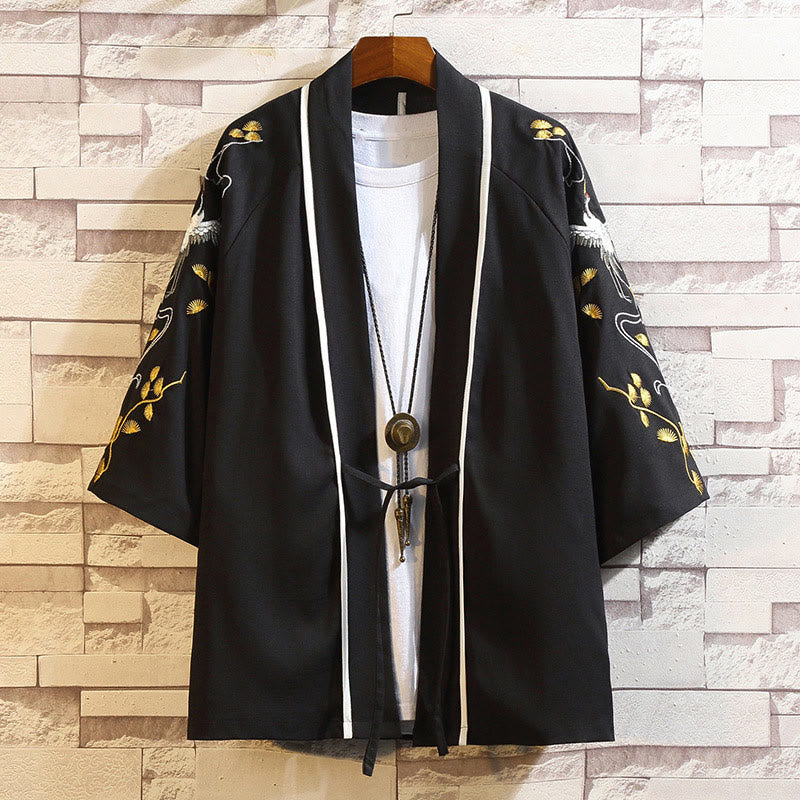 Nimara Ritual Embroidery Dragon Phoenix Auspicious Cloud Waves Leaves Cranes Open Front Jacket Men's Kimono