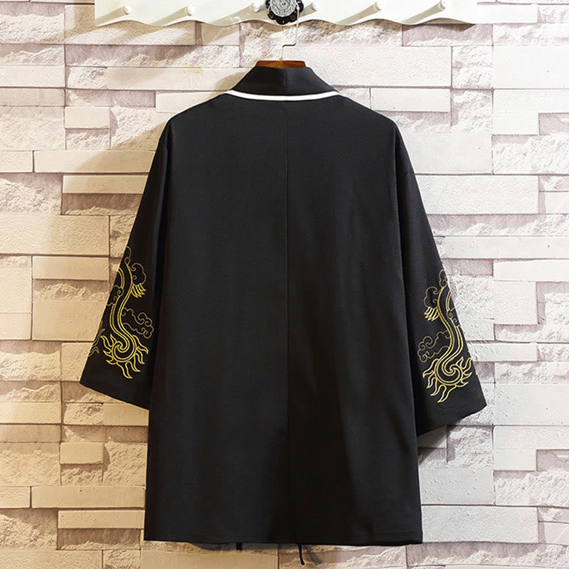 Nimara Ritual Embroidery Dragon Phoenix Auspicious Cloud Waves Leaves Cranes Open Front Jacket Men's Kimono