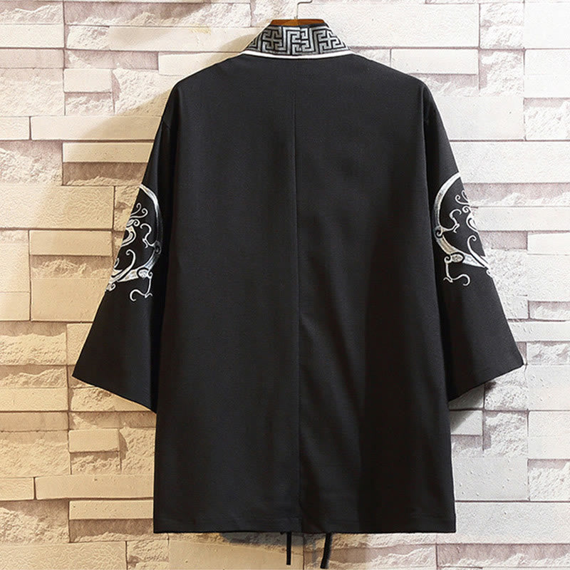 Nimara Ritual Embroidery Dragon Phoenix Auspicious Cloud Waves Leaves Cranes Open Front Jacket Men's Kimono