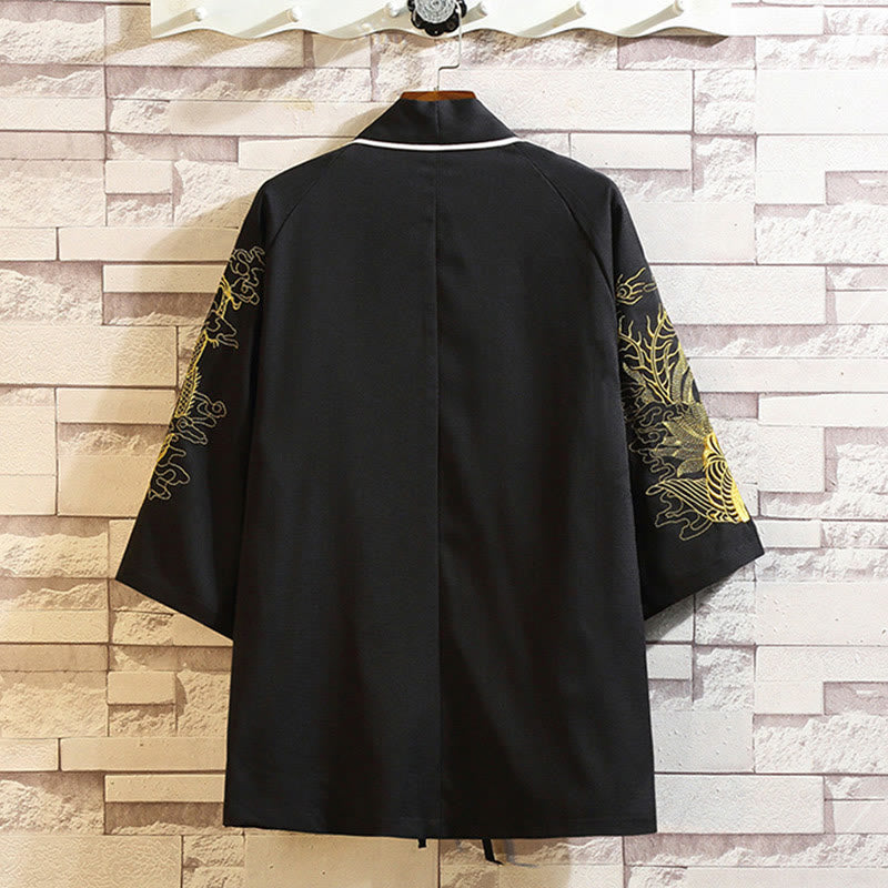Nimara Ritual Embroidery Dragon Phoenix Auspicious Cloud Waves Leaves Cranes Open Front Jacket Men's Kimono