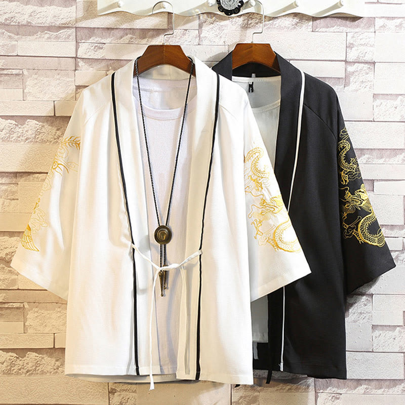 Nimara Ritual Embroidery Dragon Phoenix Auspicious Cloud Waves Leaves Cranes Open Front Jacket Men's Kimono