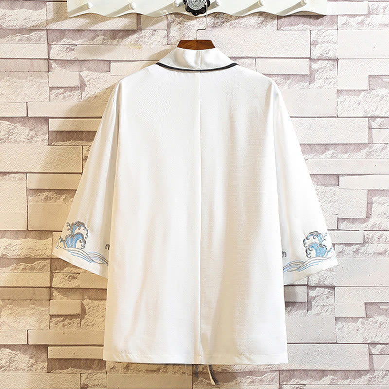 Nimara Ritual Embroidery Dragon Phoenix Auspicious Cloud Waves Leaves Cranes Open Front Jacket Men's Kimono