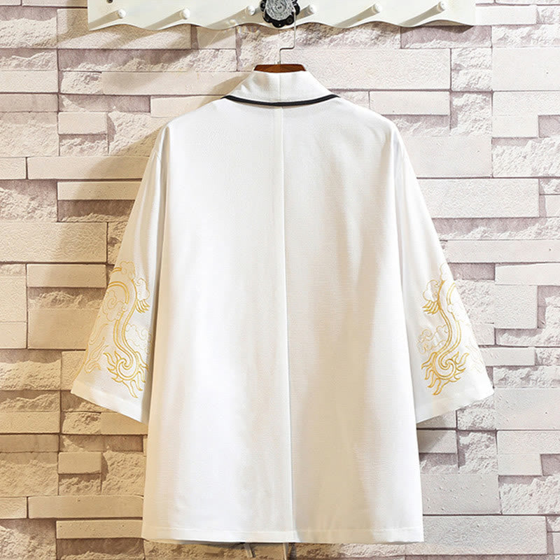 Nimara Ritual Embroidery Dragon Phoenix Auspicious Cloud Waves Leaves Cranes Open Front Jacket Men's Kimono
