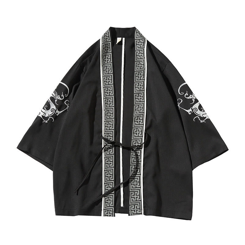 Nimara Ritual Embroidery Dragon Phoenix Auspicious Cloud Waves Leaves Cranes Open Front Jacket Men's Kimono