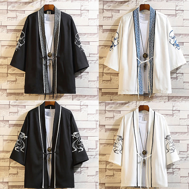 Nimara Ritual Embroidery Dragon Phoenix Auspicious Cloud Waves Leaves Cranes Open Front Jacket Men's Kimono