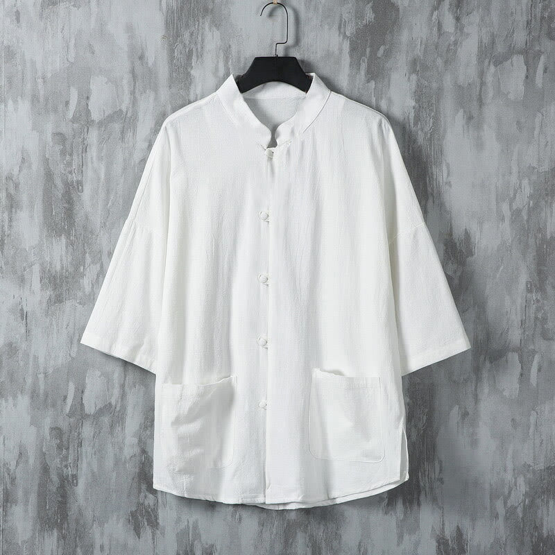 Nimara Ritual Summer Solid Color Tang Suit Design Men's Half Sleeve Linen Shirt With Pockets