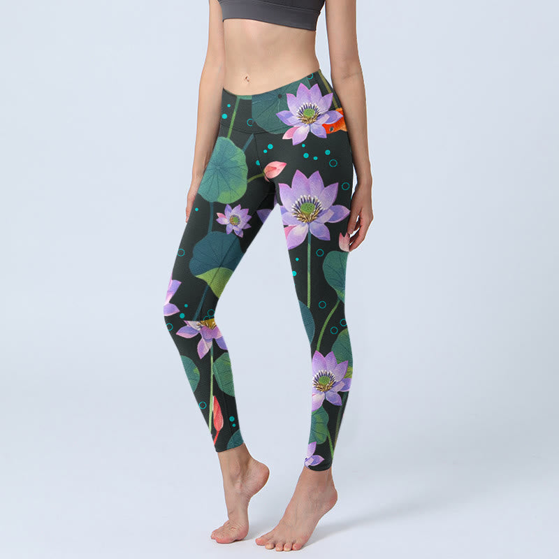 Nimara Ritual Blooming Light Purple Lotus Flower Lotus Leaves Koi Fish Pattern Print Gym Leggings Women's Yoga Pants