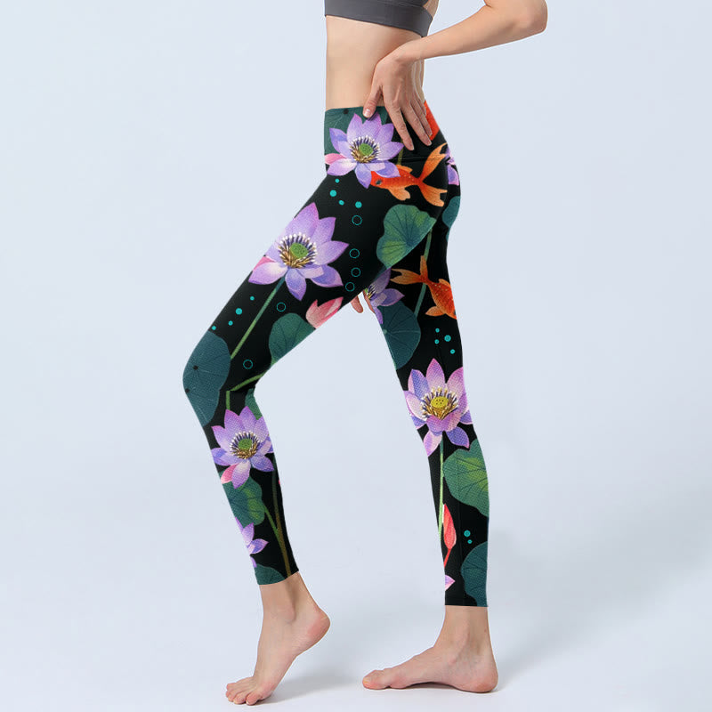 Nimara Ritual Blooming Light Purple Lotus Flower Lotus Leaves Koi Fish Pattern Print Gym Leggings Women's Yoga Pants