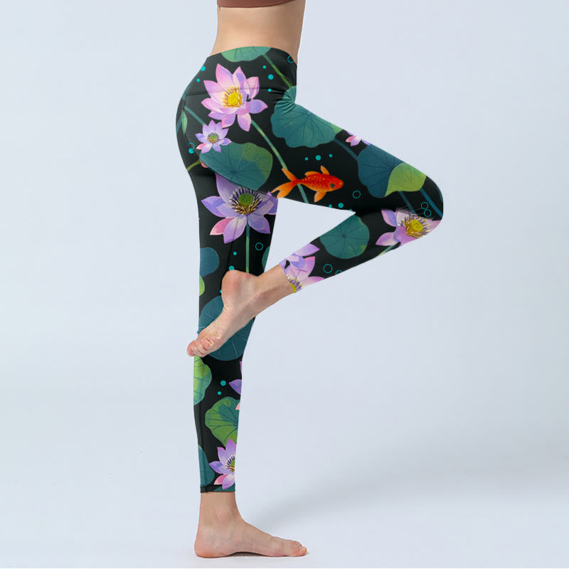 Nimara Ritual Blooming Light Purple Lotus Flower Lotus Leaves Koi Fish Pattern Print Gym Leggings Women's Yoga Pants