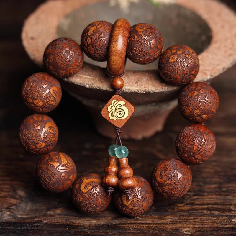 Nimara Ritual Natural Carving Dragon And Phoenix Fu Character Gourd Rosewood Beads Warmth Bracelet