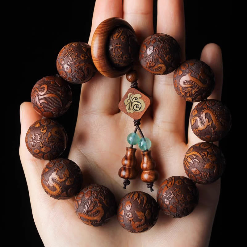 Nimara Ritual Natural Carving Dragon And Phoenix Fu Character Gourd Rosewood Beads Warmth Bracelet