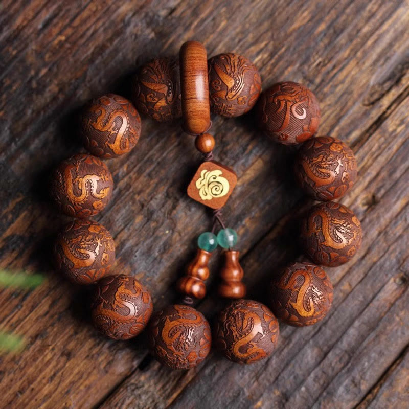 Nimara Ritual Natural Carving Dragon And Phoenix Fu Character Gourd Rosewood Beads Warmth Bracelet