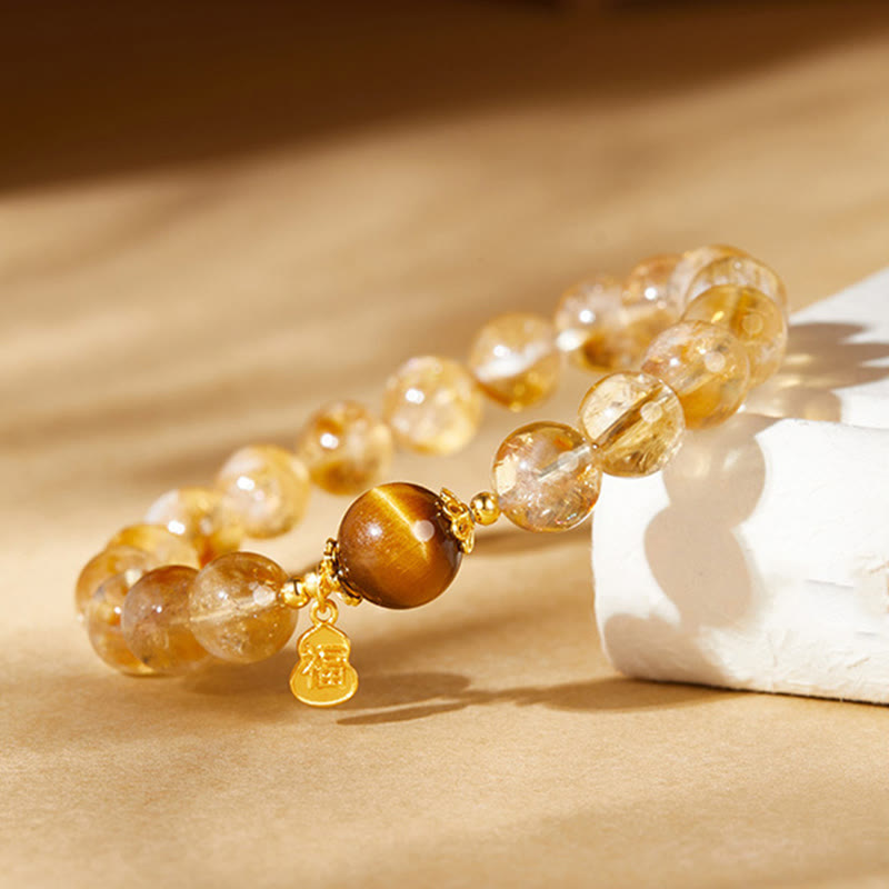 Nimara Ritual 925 Sterling Silver Gourd Fu Character Citrine Tiger Eye Prosperity Bracelet