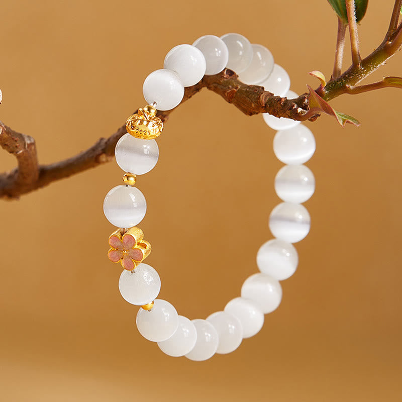 Nimara Ritual 925 Sterling Silver Natural Peach Blossom White Cat's Eye Positive Bracelet