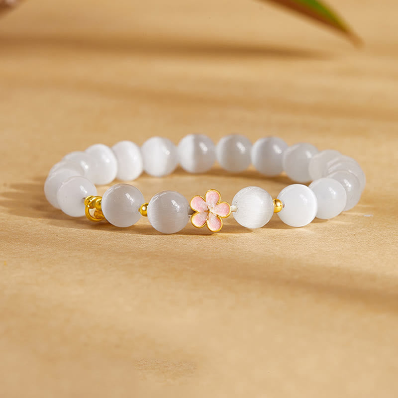 Nimara Ritual 925 Sterling Silver Natural Peach Blossom White Cat's Eye Positive Bracelet