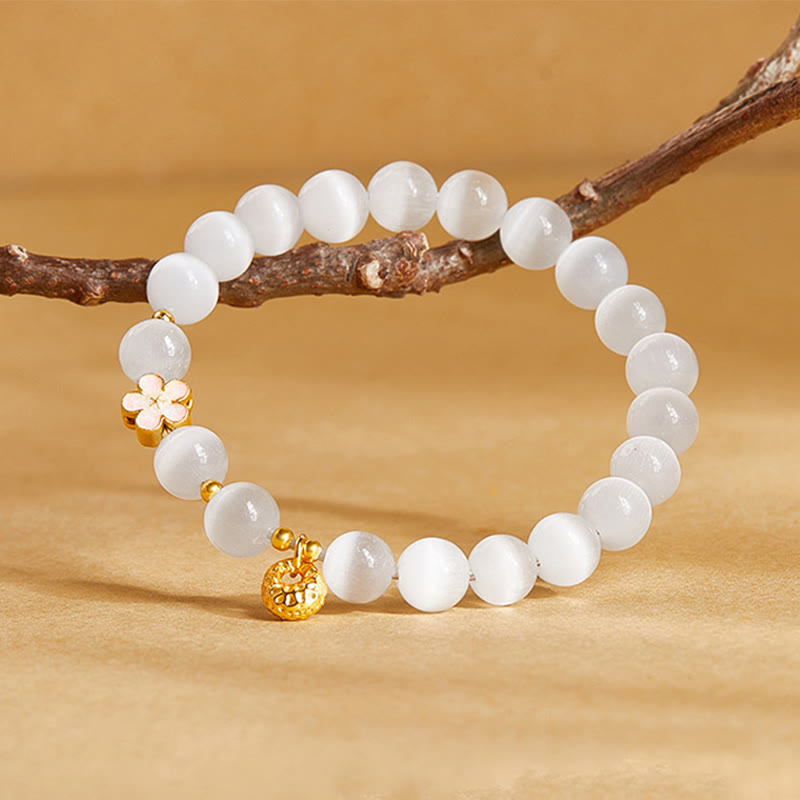 Nimara Ritual 925 Sterling Silver Natural Peach Blossom White Cat's Eye Positive Bracelet