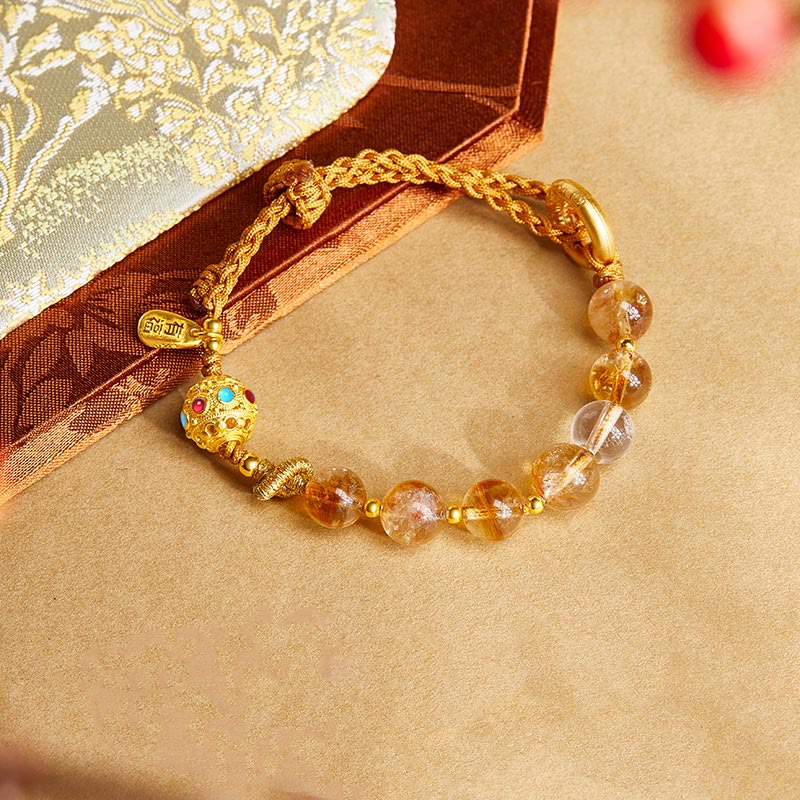 Nimara Ritual 925 Sterling Silver Natural Citrine White Crystal Peace Buckle Meaning Fu Character Protection Braided String Bracelet