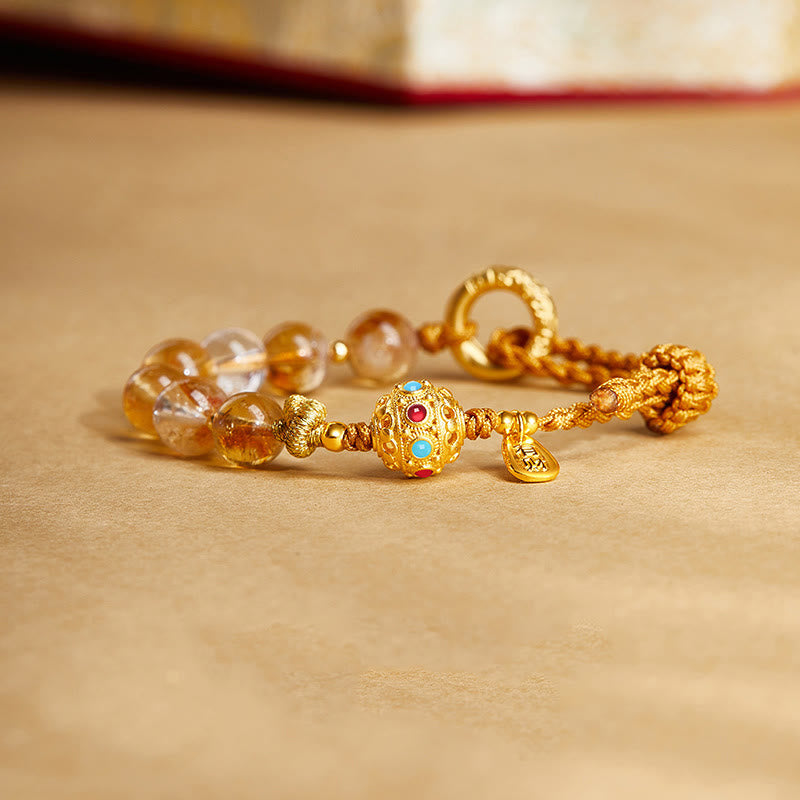 Nimara Ritual 925 Sterling Silver Natural Citrine White Crystal Peace Buckle Meaning Fu Character Protection Braided String Bracelet