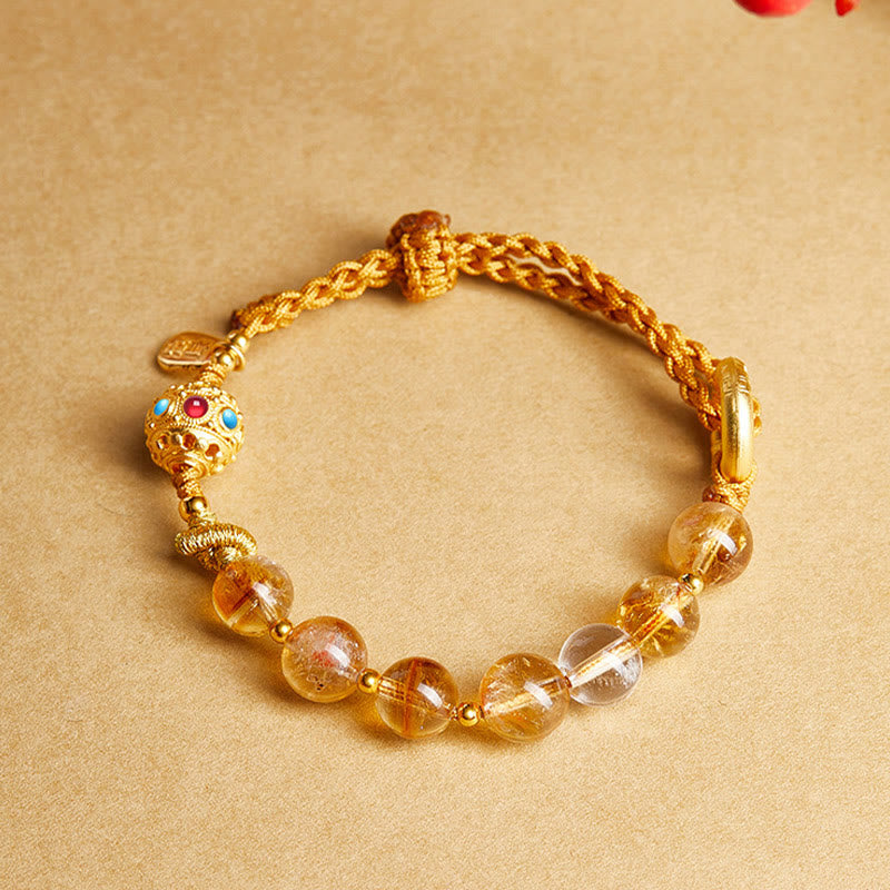 Nimara Ritual 925 Sterling Silver Natural Citrine White Crystal Peace Buckle Meaning Fu Character Protection Braided String Bracelet