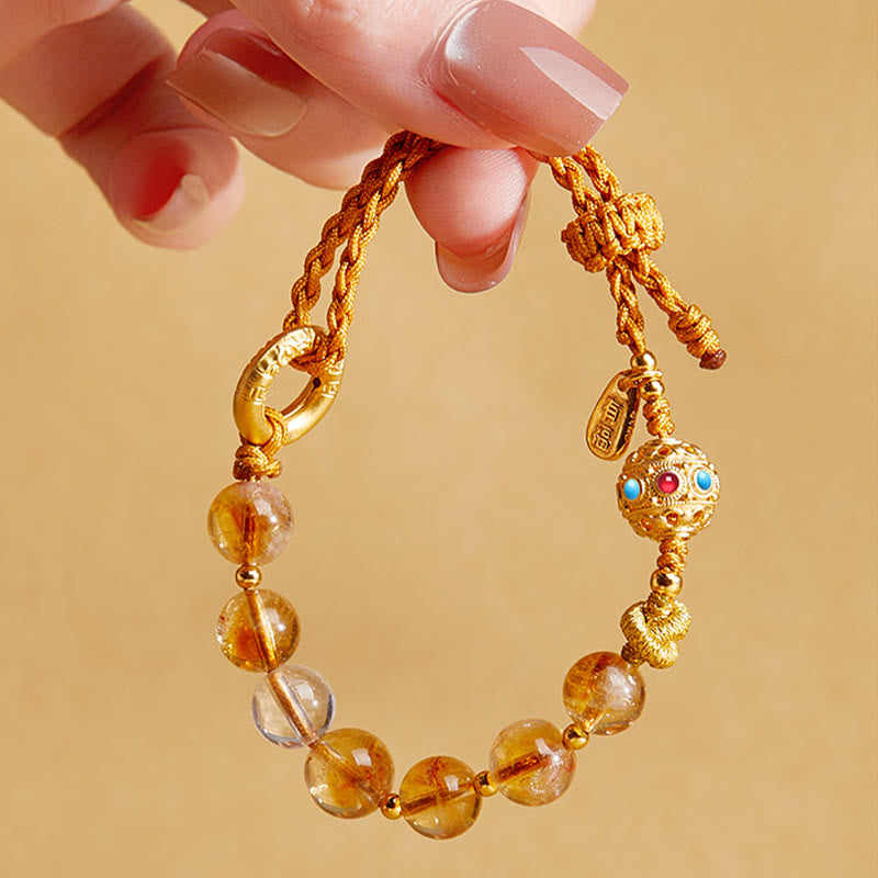 Nimara Ritual 925 Sterling Silver Natural Citrine White Crystal Peace Buckle Meaning Fu Character Protection Braided String Bracelet