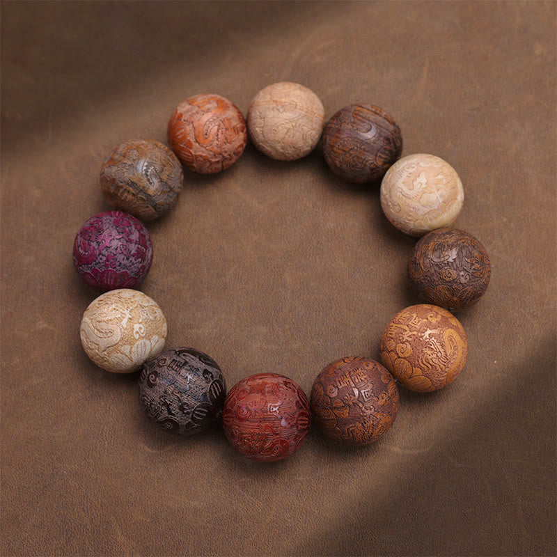 Healing Protection Sandalwood Chinese Zodiac Dragon Phoenix Fu Character Bracelet