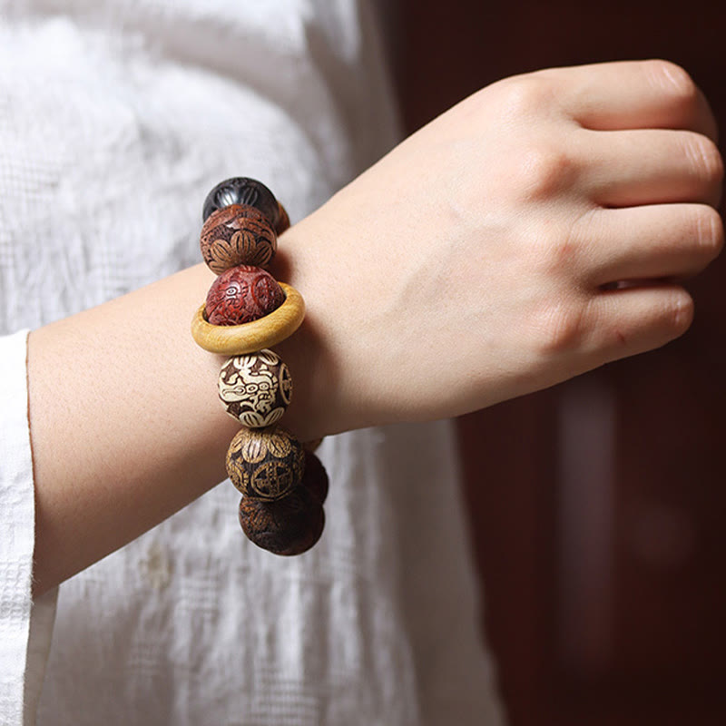 Healing Protection Sandalwood Chinese Zodiac Dragon Phoenix Fu Character Bracelet