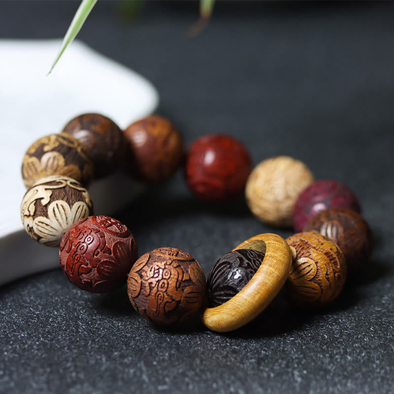Nimara Ritual Carving Sandalwood Chinese Zodiac Auspicious Dragon Phoenix Fu Character Healing Bracelet