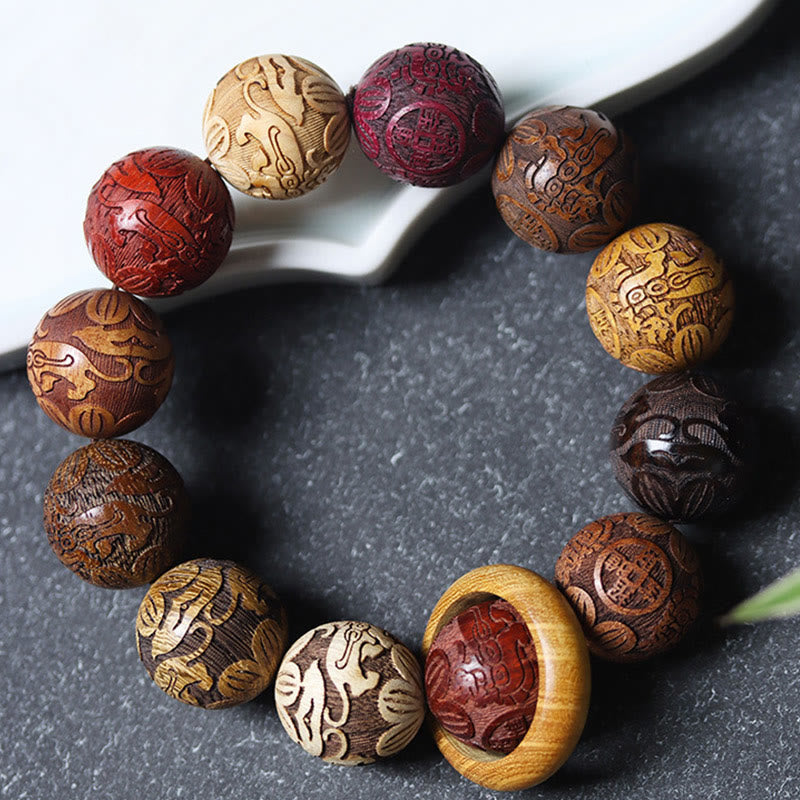 Healing Protection Sandalwood Chinese Zodiac Dragon Phoenix Fu Character Bracelet